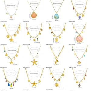 Stainless steel ocean necklace collection with seashell, starfish, and sun pendants specifications