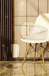 Detail view of thickened transparent PET trash can with high clarity and minimalist round design