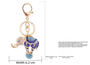 Detailed view of acrobat elephant keychain dimensions and blue rhinestone metal plating