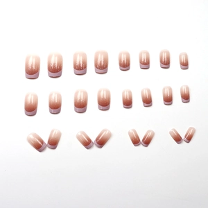 24pcs gradient french manicure short nails with silver glitter and lavender tips