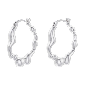 Detailed view of silver liquid metal style irregular hoop earrings with polished finish