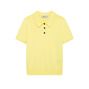 Women Knitted Polo Shirt Short Sleeve Polyester Button Up Solid Color Casual Ribbed Trim Slim Fit Top