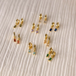 Rectangle gemstone drop earrings in multiple colors with golden hoop accents