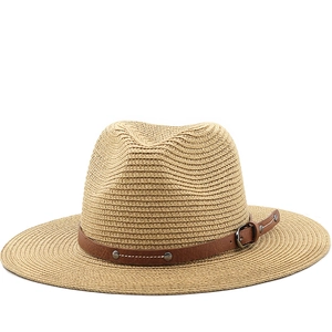 Vintage Straw Fedora Hat Sun Protection Wide Brim Beach Holiday Travel Hat With Leather Belt Buckle Rivets Fashionable For Unisex