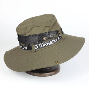 Detail of olive green boonie hat featuring breathable black mesh and TORNADO F-14 ribbon