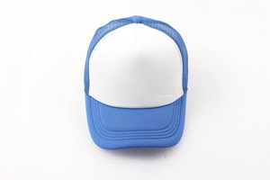 Detail of blue and white trucker hat featuring mesh back and adjustable strap design