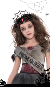 Detail of Halloween spider web tiara with red gem and Prom Queen sash for kids costumes