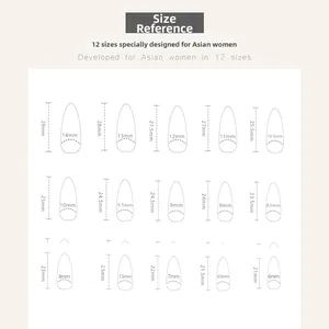 Detailed size chart for almond press-on nails showing 15 different length and width options