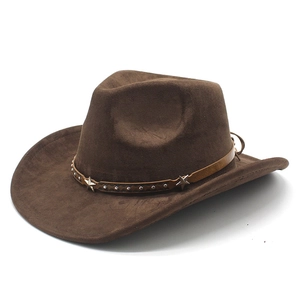 Brown wide brim faux suede cowboy hat with western style star metal studs and band
