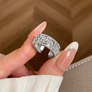 French vintage silver rose open ring with hollowed floral pattern for women