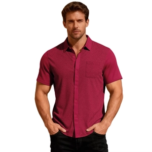 Men's relaxed fit short sleeve shirt with diamond jacquard texture in deep magenta hue