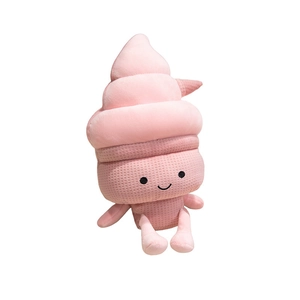 Cute pink ice cream plush pillow with smiling face and soft textured waffle fabric