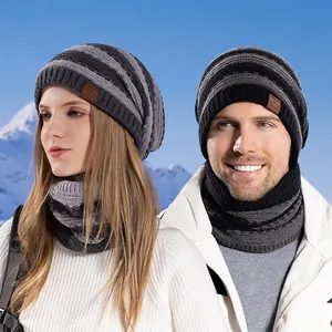 Beanie Hat And Neck Warmer Scarf Knitted Acrylic Striped Fleece Lined Warm Thick Outdoor Sporty For Men Women