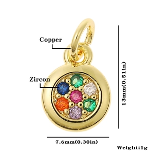 Detailed view of 13mm copper circle pendant with colorful zircon stones and dimensions