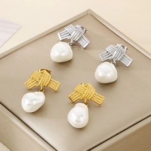 Stainless Steel Knot Stud Earrings With Baroque Freshwater Pearl Drop Vintage Elegant Jewelry For Women