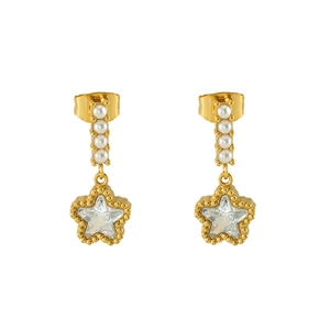 French style star drop earrings with white pearls and sparkling diamond-set star pendants
