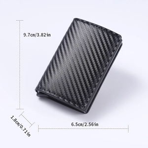 Slim RFID carbon fiber card holder showing dimensions 9.7cm x 6.5cm x 1.8cm for men