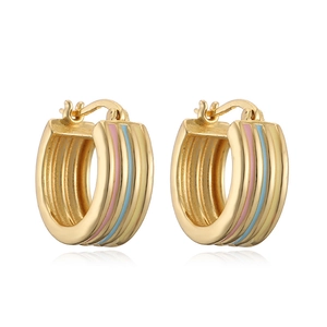 Golden round earrings with colorful pastel enamel stripes on a white background