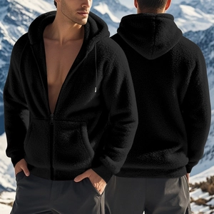 Heavyweight black fleece hooded jacket for men with front and back view in snow setting