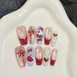 Christmas Red 3D Bow Snowflake Press On Nails Coffin Shape Strawberry Cake Design Handmade False Nails For Women Festive Nail Art Decoration