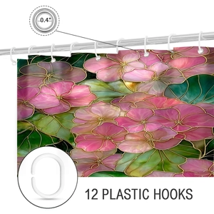 Detail of floral shower curtain with rustproof metal grommets and 12 plastic hooks