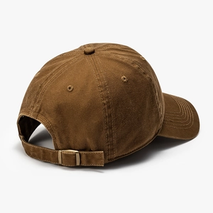 Classic brown washed cotton baseball cap with adjustable metal strap, rear view