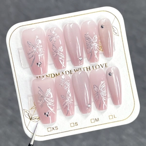 Handmade Long Coffin Press On Nails Pink Jelly Cat Eye Silver Butterfly Rhinestone Elegant Fake Nails For Women