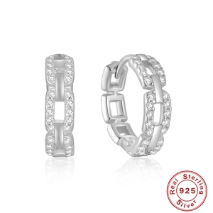 S925 sterling silver chain hoop earrings with cubic zirconia stones on white background
