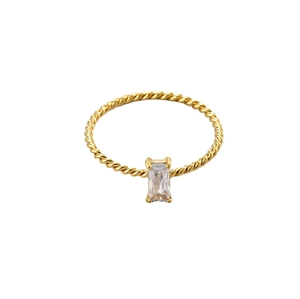Elegant gold rope band ring featuring a clear emerald cut cubic zirconia center stone