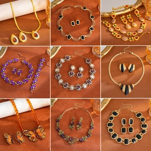 Vintage Jewelry Necklace Earrings Bracelet Copper Rhinestone Gemstone With Silver Earring Post French Palace Style Women