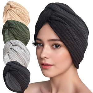 Women Elastic Ribbed Turban Hat Ethnic Style Cross Knot Headwrap Solid Color Warm Beanie Chemo Cap Fashion Hair Accessories