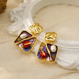 Vintage Französische Emaille Malerei Ohrringe Mit Süßwasserperle Muschel Und Ohrstecker Für Damen