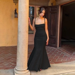 Sexy Rückenfreies Satin Meerjungfrau Maxikleid Spitze Jacquard Spaghettiträger Elegant Party Abend Für Damen