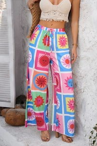 Pantalon large taille haute pour femme avec imprimé à carreaux soleil coloré et cordon de serrage