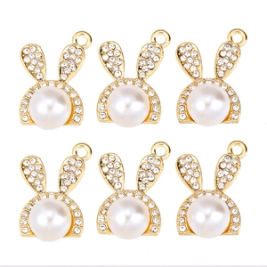 Golden bunny pendants with pearl and zircon inlay, 6-piece set for jewelry making