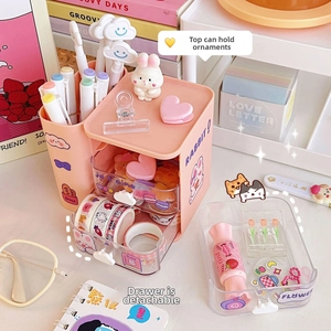 Pink desk organizer with multi-grid compartments and translucent drawers for stationery