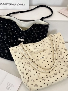 Large corduroy tote bag with heart patterns in black and cream white, daily shoulder bag