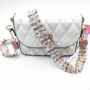 White quilted crossbody bag for women with colorful woven embroidery wide shoulder strap