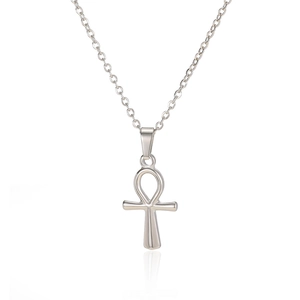 Detailed view of silver Ankh cross pendant necklace with polished metallic finish