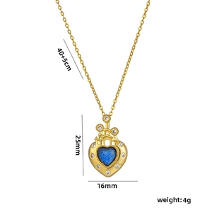 Gold stainless steel heart castle pendant necklace with blue gem and size dimensions