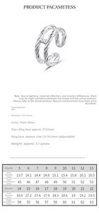 Size chart for 925 sterling silver H-shape double layer ring with adjustable open band