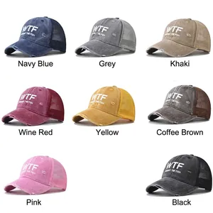 Distressed cotton trucker caps with WTF letter print and mesh back in eight colors