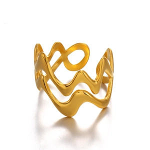 Polished 18K gold plated stainless steel double wave ring with minimalist open design