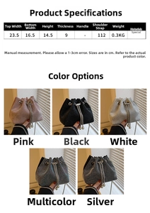 Size chart and dimensions for rhinestone bucket bag with chain strap specifications