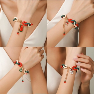 Christmas Charm Bracelet Acrylic Resin Link Chain Alloy Enamel Pendants Snowman Reindeer Bell Holiday Jewelry Adjustable
