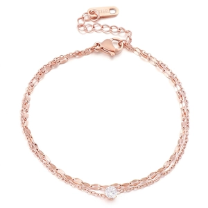 Bracciale a doppia catena in acciaio inossidabile oro rosa con zircone scintillante