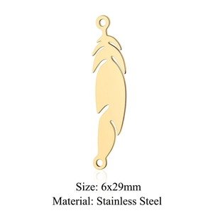 Detailed view of a golden 6x29mm stainless steel feather pendant charm for DIY jewelry