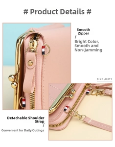 Detail of pink PU leather phone bag with smooth metal zipper and detachable strap hooks