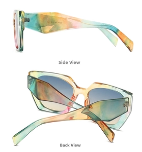 Detail view of stylish polygonal sunglasses with colorful watercolor texture and UV400 lenses