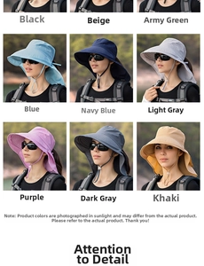 Outdoor sun protection hat with large brim and neck flap available in nine distinct colors